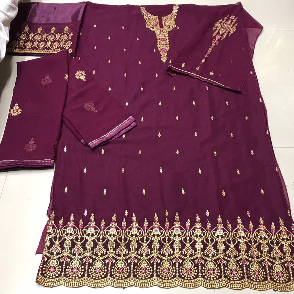 Embroidered Georgette Pakistani Suit in Wine